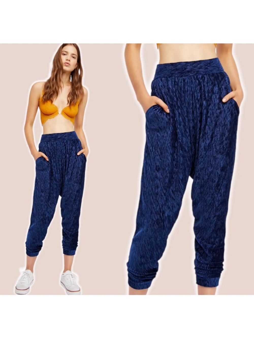 Free People Navy Blue Harem Pants Slouchy Joggers High Rise Y2K Boho Athleisure